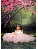 Off Shoulder Pink Beaded Lace Layered Tulle Flower Girl Dress